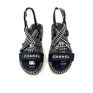 Chanel Cord Sandals Black White Quilted Lambskin Leather CC Logo Flats 6.5